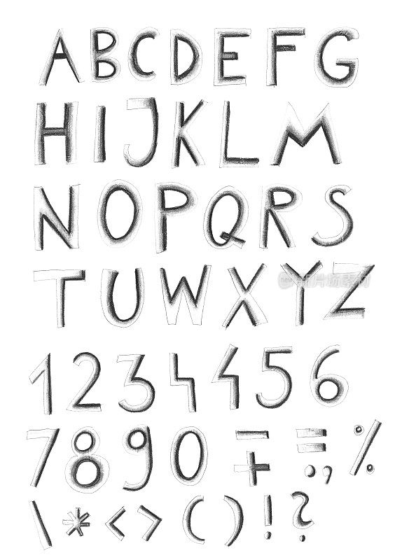 铅笔绘制的字母与大写字母和数字-抽象不均匀不完美的符号与阴影-矢量插图与轮廓标记与自然纹理效果隔离在白纸背景上