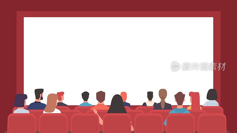 人们坐在剧院，电影院，看着大屏幕空白，从后面观看。节目公告，舞台表演。女人和男人在看电影。卡通平面矢量概念