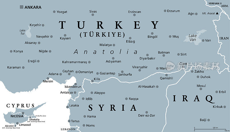 土耳其安纳托利亚半岛部分地区，灰色政治地图