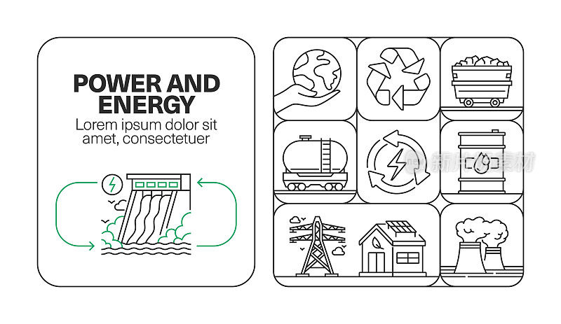 电力和能源横幅线图标集设计