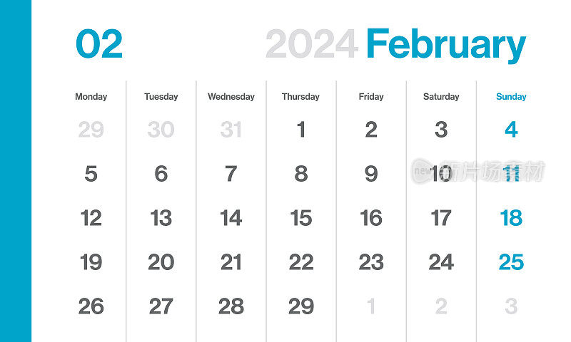 2024年2月-月历。极简风格的景观水平日历2024年。向量模板。这一周从星期一开始