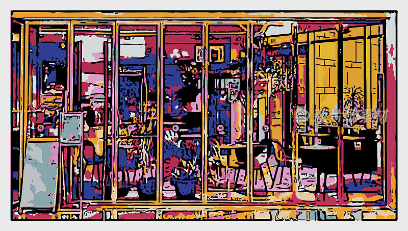 色彩艺术木刻风格咖啡馆店铺场景插画