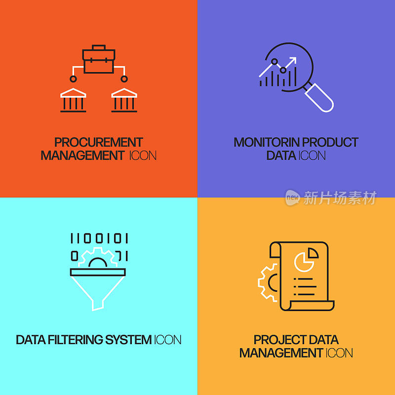 产品管理相关的矢量线图标。轮廓符号集合