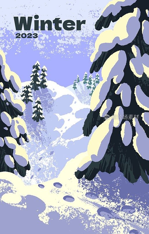冬季卡，雪景自然。杉树上覆满了雪，森林里雪堆上的脚印。宁静平静的冬季景色，垂直海报背景。平面矢量图