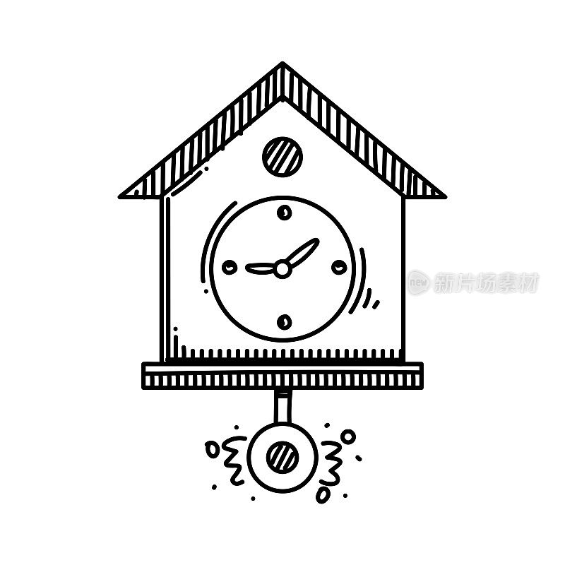 布谷鸟时钟线图标，草图设计，像素完美，可编辑的笔触。标志、标志、符号。时间管理，时间，月。