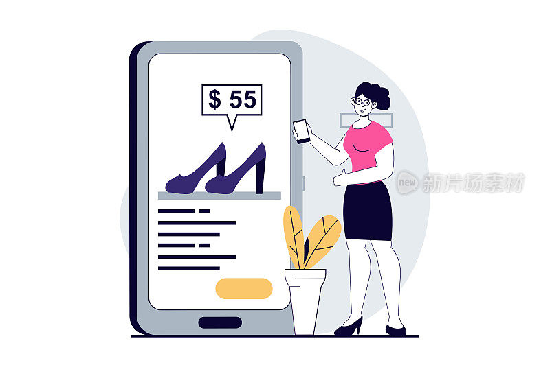 移动商务概念与人的场景在平面设计的网页。女性在网上商店选择鞋子，在应用程序中订购和支付。社交媒体横幅，营销材料的矢量插图。