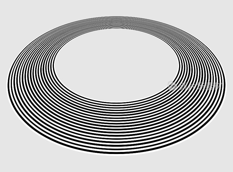 灰色上黑白同心圆透视图;每个条纹都有自己的形状。