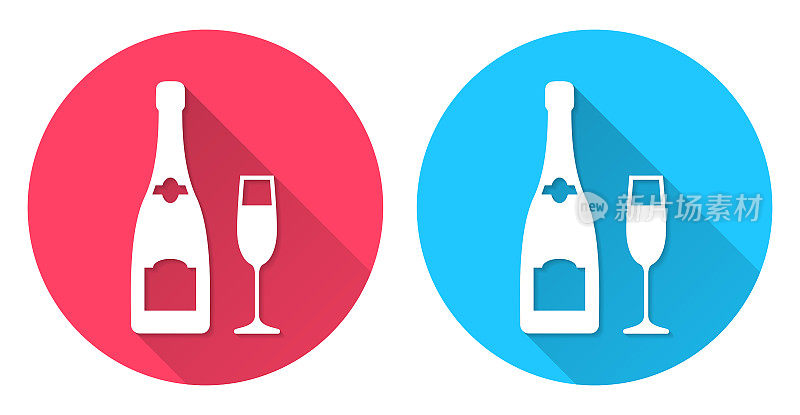香槟酒瓶和酒杯。圆形图标与长阴影在红色或蓝色的背景
