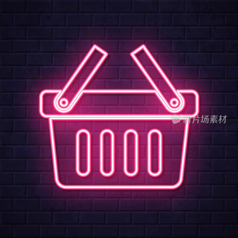 购物篮。在砖墙背景上发光的霓虹灯图标