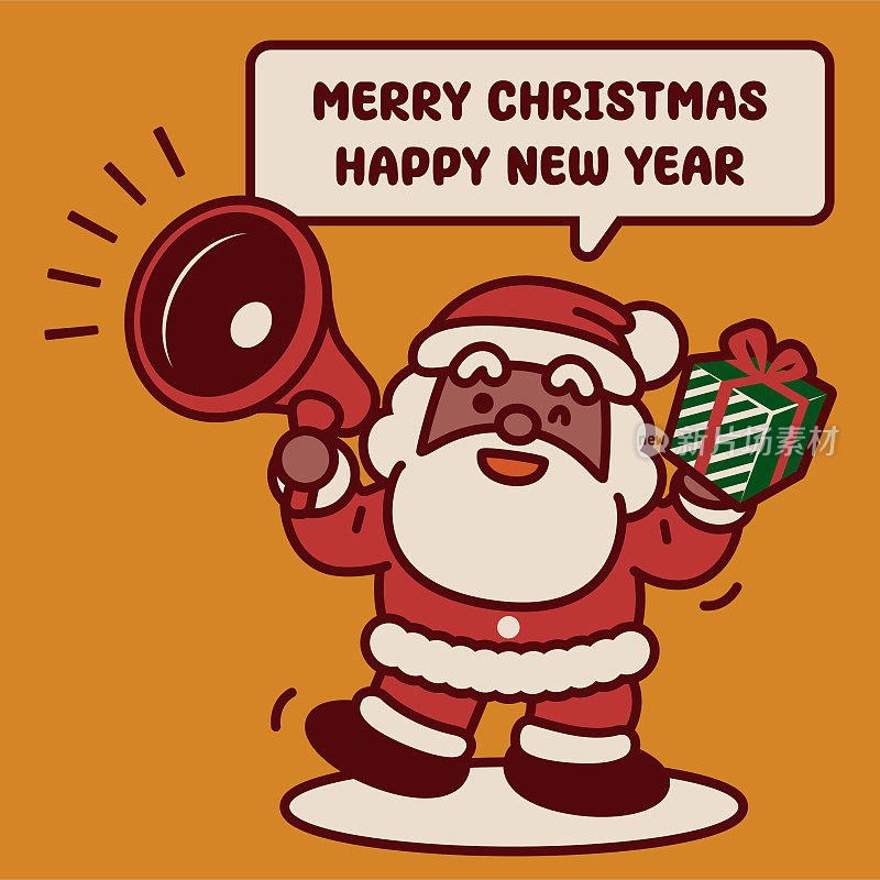 可爱的黑色圣诞老人拿着圣诞礼物，用扩音器祝你圣诞快乐，新年快乐