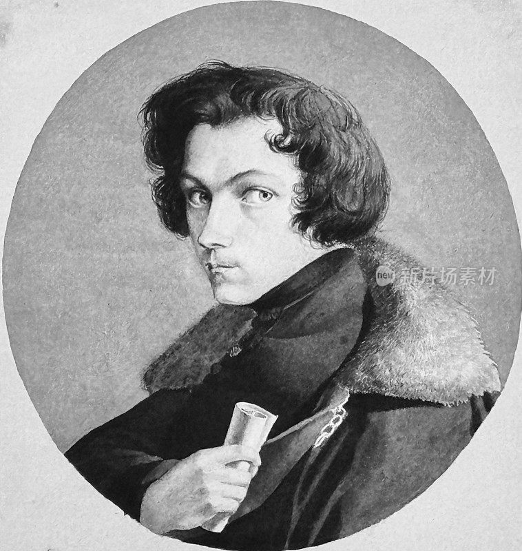 奥古斯特・卢卡斯，德国画家，1803-1863，手持画卷的自画像