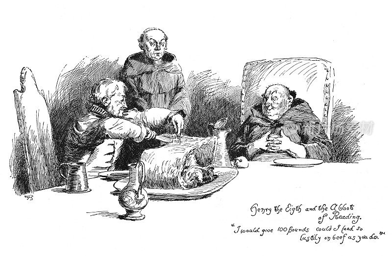 维多利亚时代的幽默插画《亨利八世与雷丁修道院院长》;男人吃大餐;休·汤姆森。