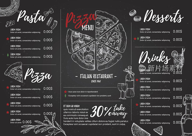 手绘矢量插图-意大利菜单。意大利面和披萨。完美的餐厅宣传册，咖啡馆传单，外卖菜单。设计模板与插图在素描风格。