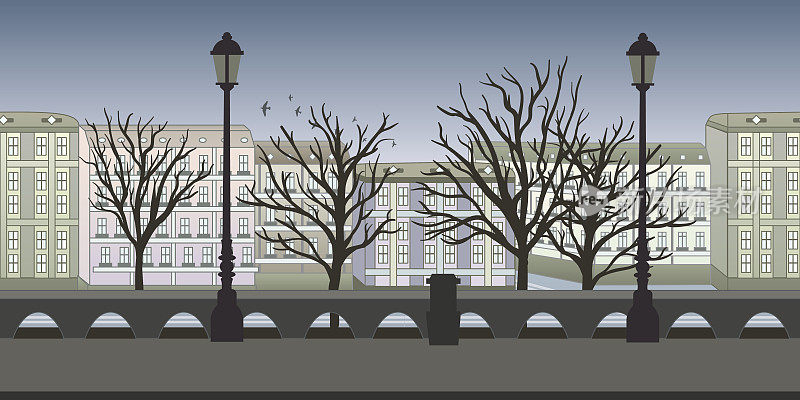 无缝无尽的游戏或动画背景。欧洲城市街道，有建筑物、树木和灯柱。矢量图，视差准备好了。