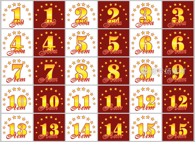 一组从1到15的黄金数字和用一圈星星装饰的年度单词。矢量插图。翻译自俄罗斯-年