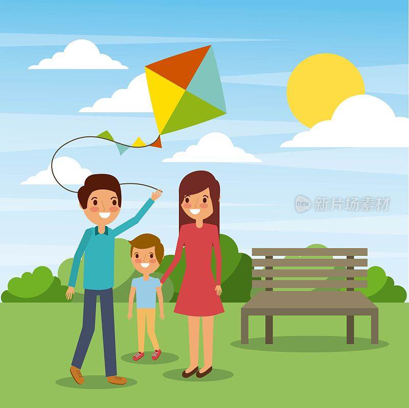 全家人在公园里玩风筝