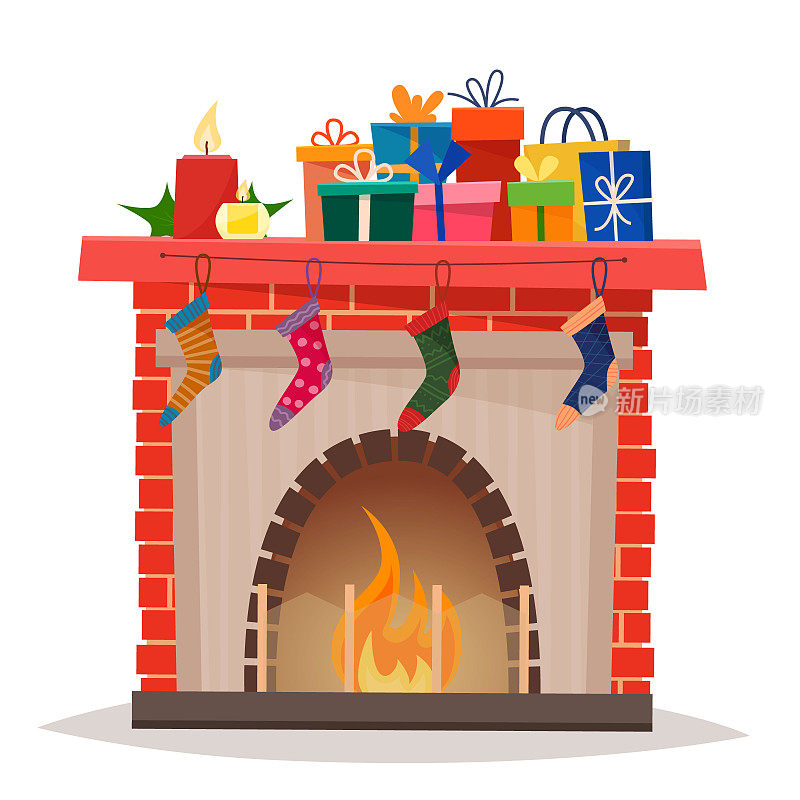 圣诞壁炉，礼物，袜子和蜡烛。