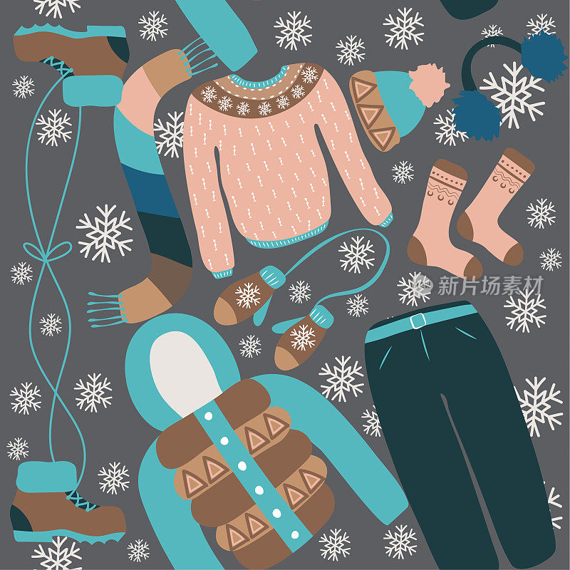 无缝模式与冬季服装。温暖的长毛猛犸。寒冷天气穿的衣服。手套，帽子，围巾，毛衣，夹克，鞋子，有装饰的袜子