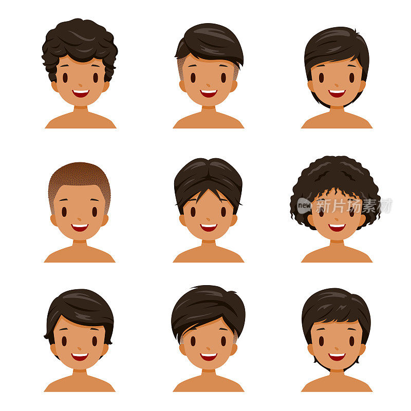 晒黑皮肤的人与不同的发型集