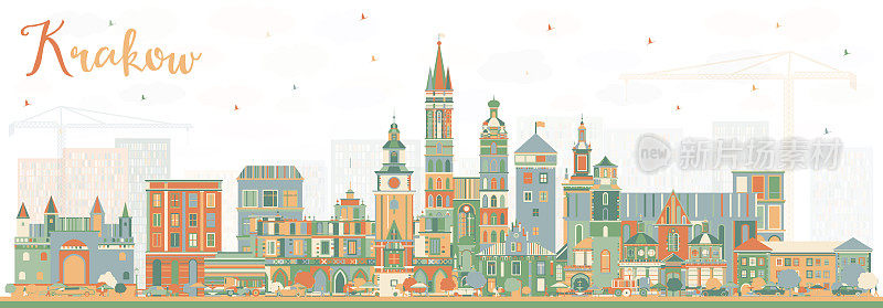 波兰克拉科夫城市天际线与彩色建筑。