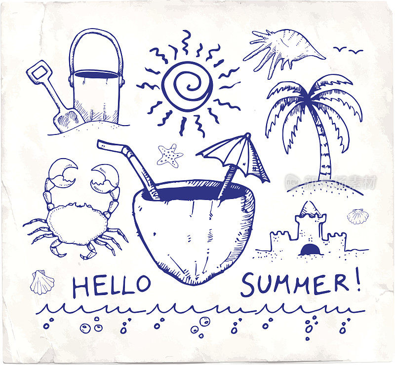 海滩和夏季矢量笔素描在白纸上