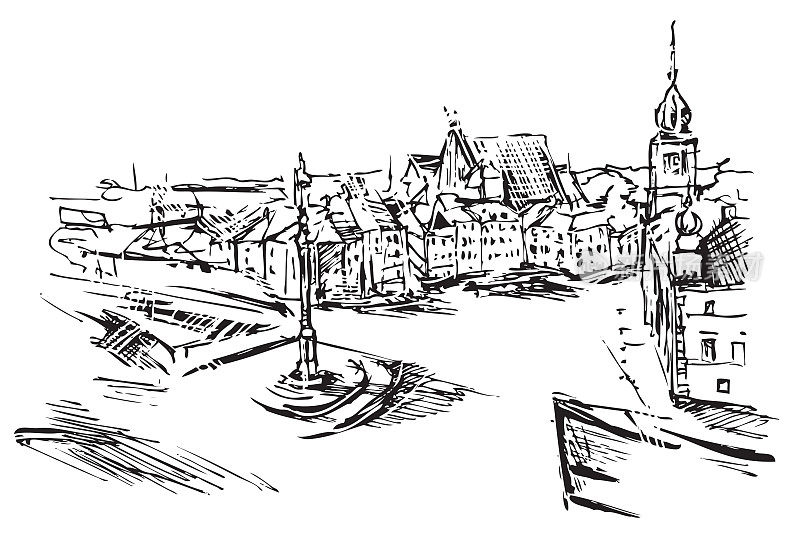 华沙老城区手绘黑白图