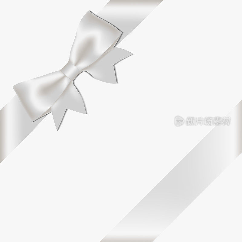 现实的装饰光泽缎银丝带蝴蝶结和丝带，孤立在白色的背景