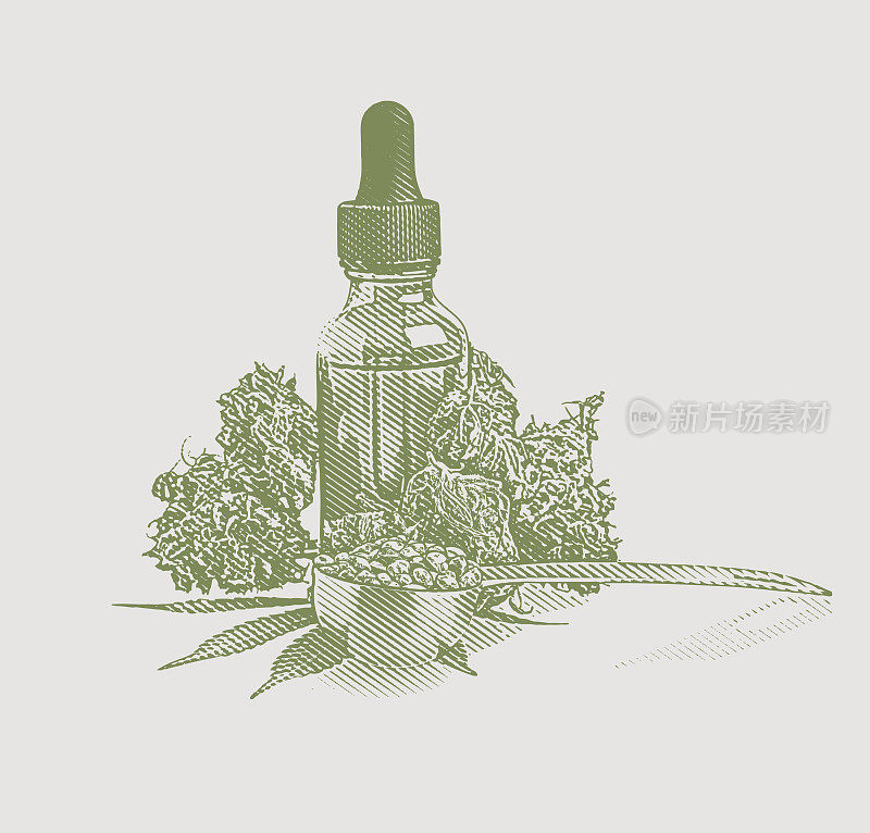 大麻油瓶与大麻花和叶子的特写
