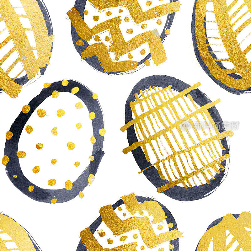无缝复活节图案插图与手绘鸡蛋孤立在白纸背景-纹理由黑色墨水笔刷和装饰的黄金丙烯酸漆-原始不均匀的凌乱的涂鸦设计点，点锯齿和线