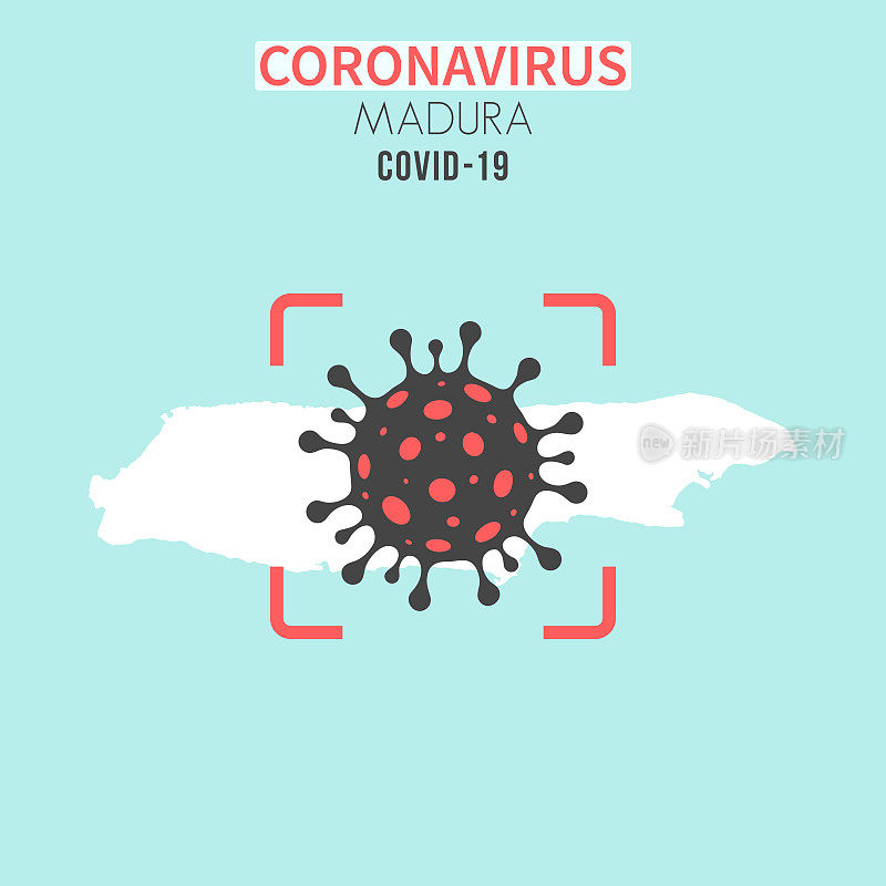 马杜拉地图，红色取景器中有冠状病毒细胞(COVID-19)