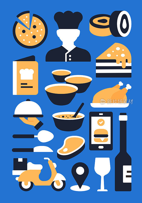 餐厅，食物和饮料相关的平面风格矢量插图