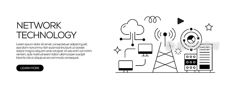网络技术相关的网页横幅线条风格。现代线性设计矢量插图的网站横幅，网站标题等。