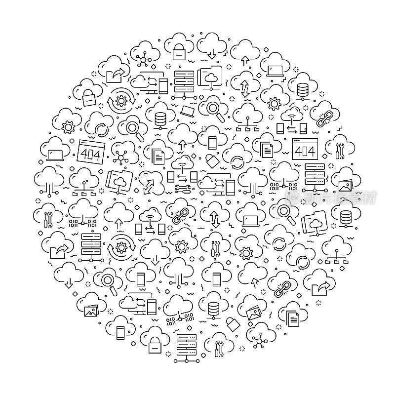 模式与云技术图标。黑色和白色细线图标