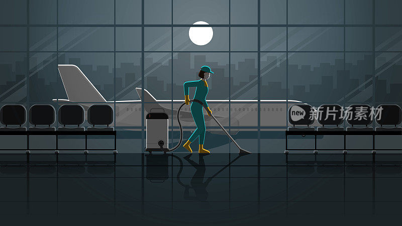 夜间在机场候机厅工作的清洁女工。独自一人在黑暗和满月的灯光下。工作方式的努力工作，加班和过度工作。概念插图概念向量概念。