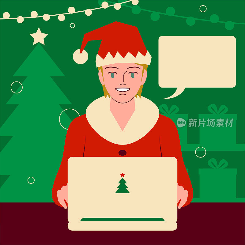 微笑美丽的少女穿着圣诞老人的衣服使用笔记本电脑