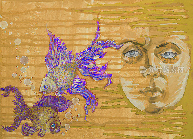 插图水彩画肖像女人长头发和灰色眼睛与鱼在一个流动的水彩