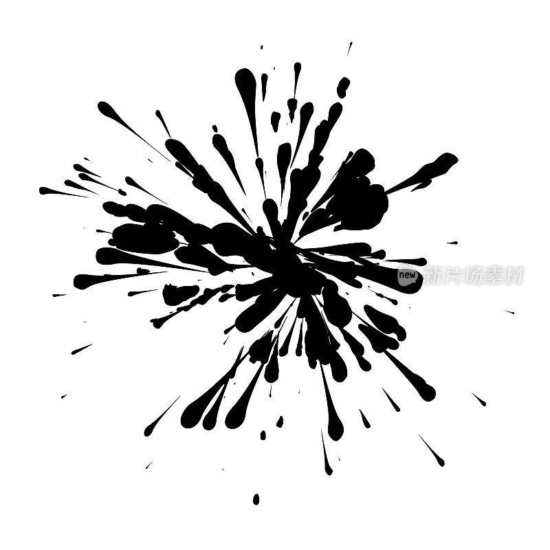 黑色的墨水飞溅在白色的背景上是由单个的粒子形成的。