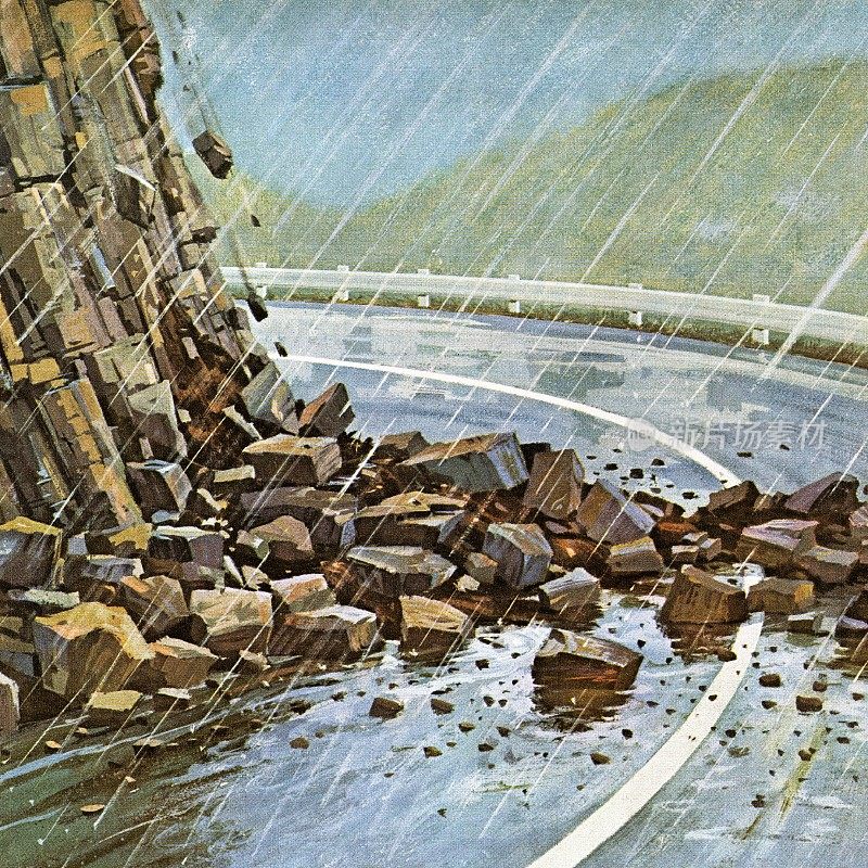 雨中山路上的岩石滑坡