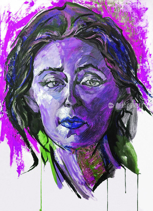 插图油画妇女肖像与长黑发在明亮的傍晚背景紫色调