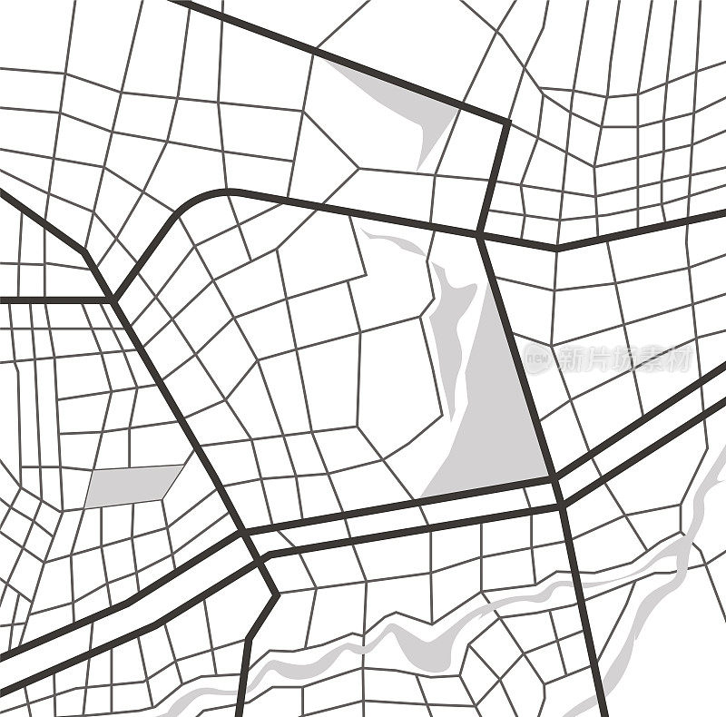 抽象的城市地图矢量插图。城镇道路和住宅区。平面风格详细的城市旅游矢量设计背景。鸟瞰图,制图。