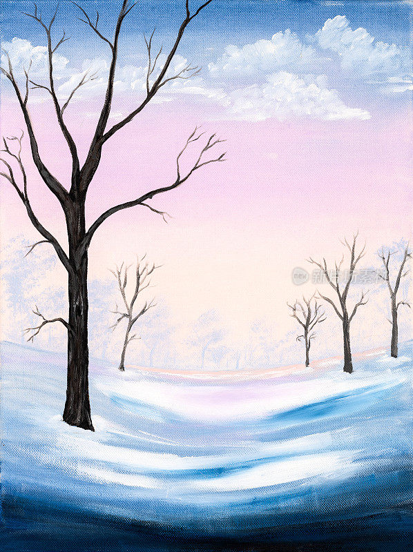 素朴风格的冬季风景油画