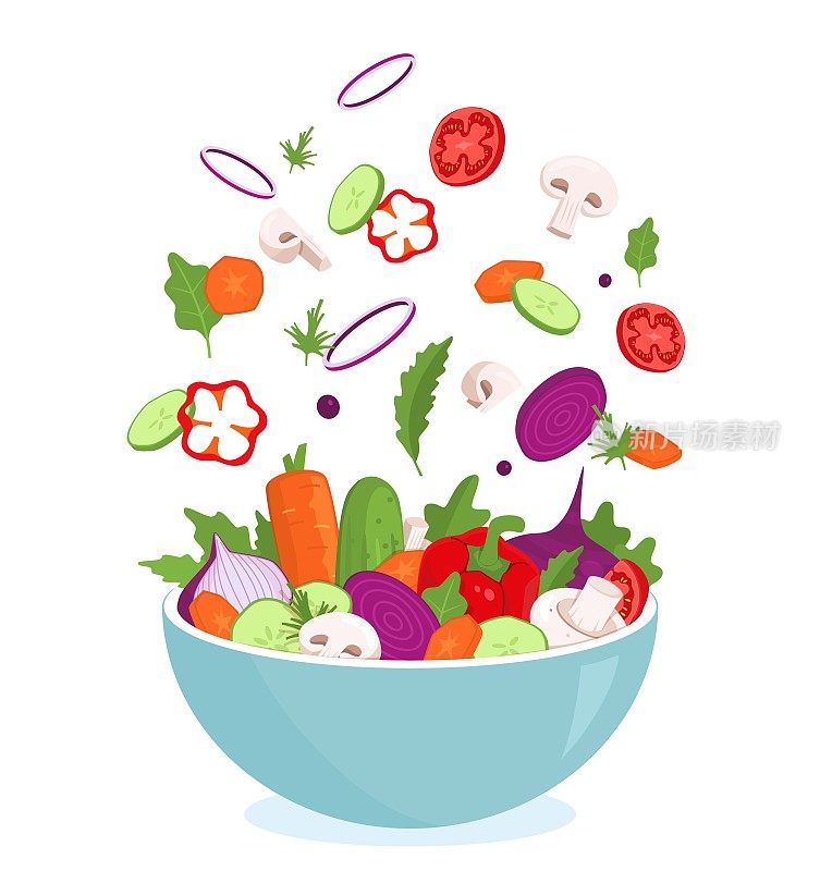 蔬菜飞碗。沙拉准备。混合烹饪原料。混合不同的食物。切西红柿和生菜叶子。健康的天然绿色零食。向量的饮食营养