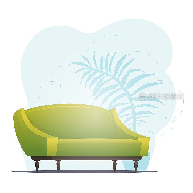 漂亮的沙发和室内植物。为你的角色留出空间的背景。卡通风格。