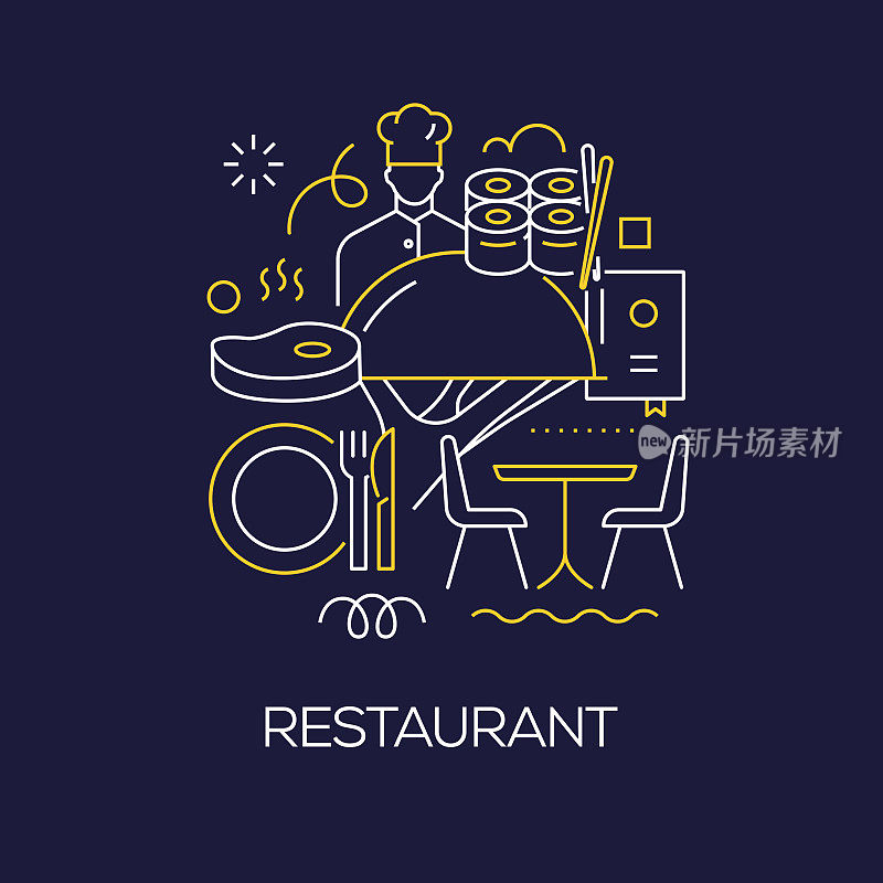 向量集合插图餐厅概念。线条艺术风格背景设计网页，横幅，海报，打印等。矢量插图。