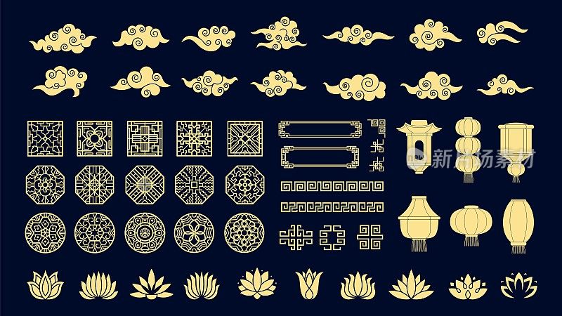 中国元素。东方的装饰品，灯笼，亚洲韩国的云和莲花向量集