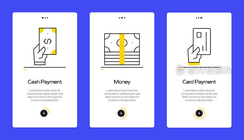 金钱概念入职手机应用程序页面屏幕与平面图标。UI设计模板矢量插图