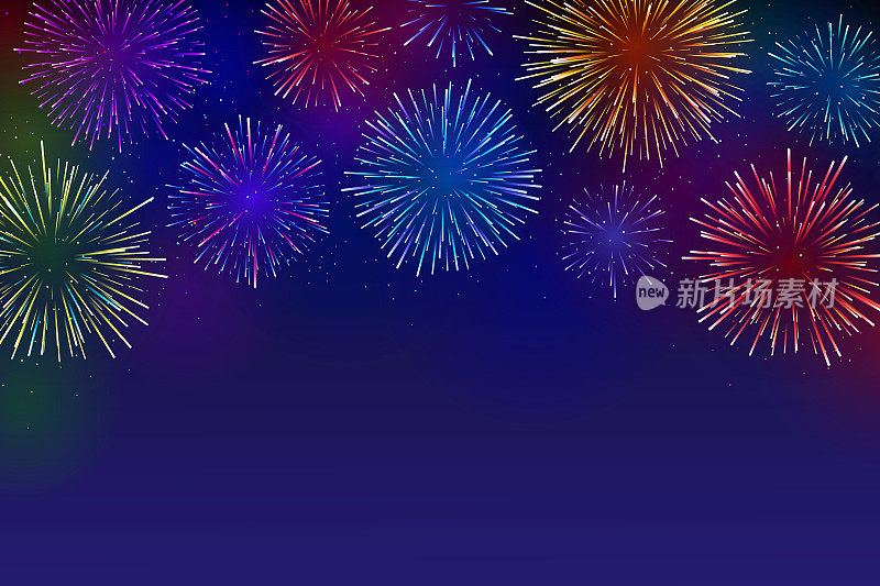 彩色矢量烟花在深蓝色的背景与复制空间。新年快乐，庆祝理念。