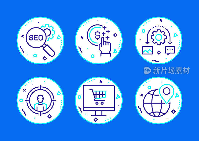 SEO相关的线图标。向量符号说明。