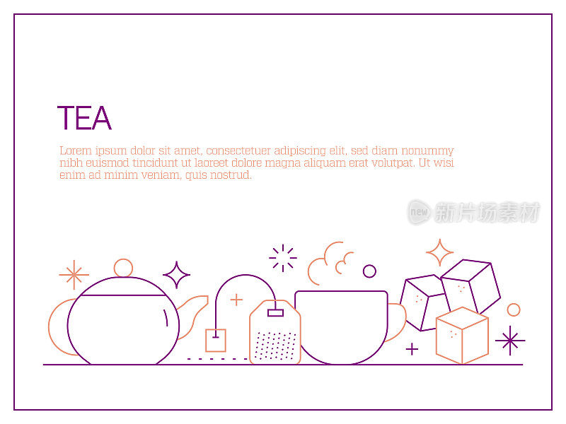 茶相关的矢量横幅设计概念，现代线条风格与图标