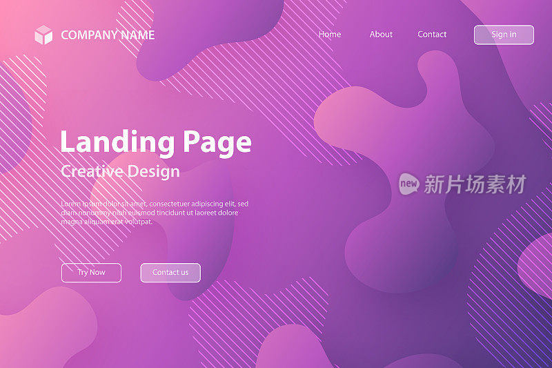 着陆页面模板-抽象设计与流体形状紫色渐变背景
